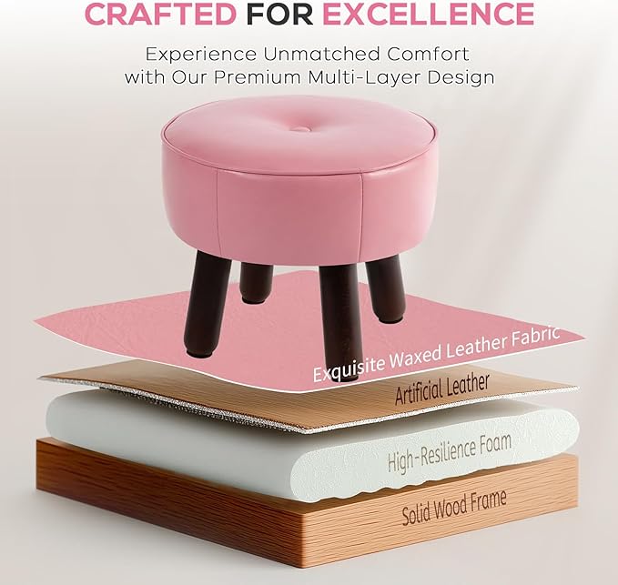 Small Foot Stool Round Pouf Ottoman, 13'' Leather Foot Rest with Non-Skid Rubber Legs, Foolstool Ottomans for Couch, Sofa Footrest Step Stool for Living Room Bedroom Entryway Office, Pink-Ruum Studio Home