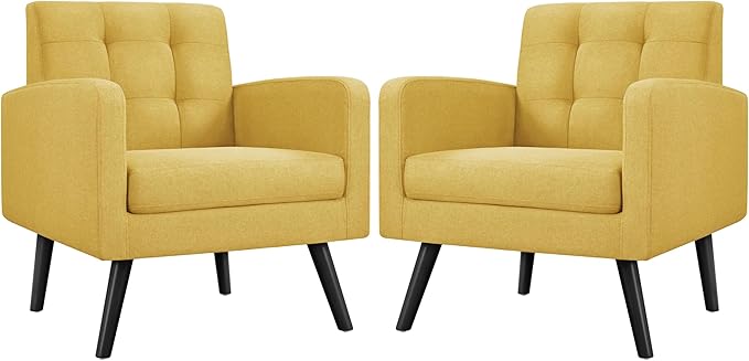 Yaheetech Mid-Century Accent Chairs, Modern Upholstered Living Room Chair, Cozy Armchair Button Tufted Back and Wood Legs for Bedroom/Office/Cafe, Set of 2, Yellow-Ruum Studio Home