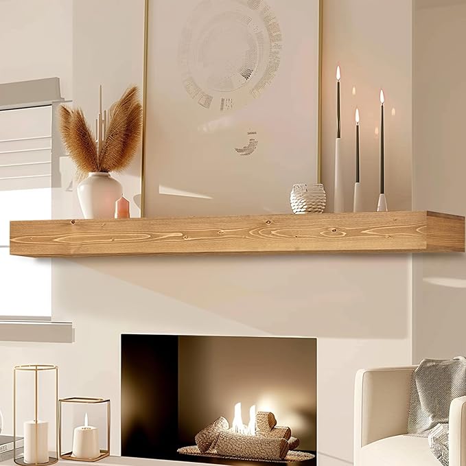 60x8x3 Fireplace Mantel - Handcrafted Hollow Rustic Solid Wood Wall Mounted Floating Shelf with Invisible Heavy Duty Wood Bracket (Natural Wood)-Ruum Studio Home