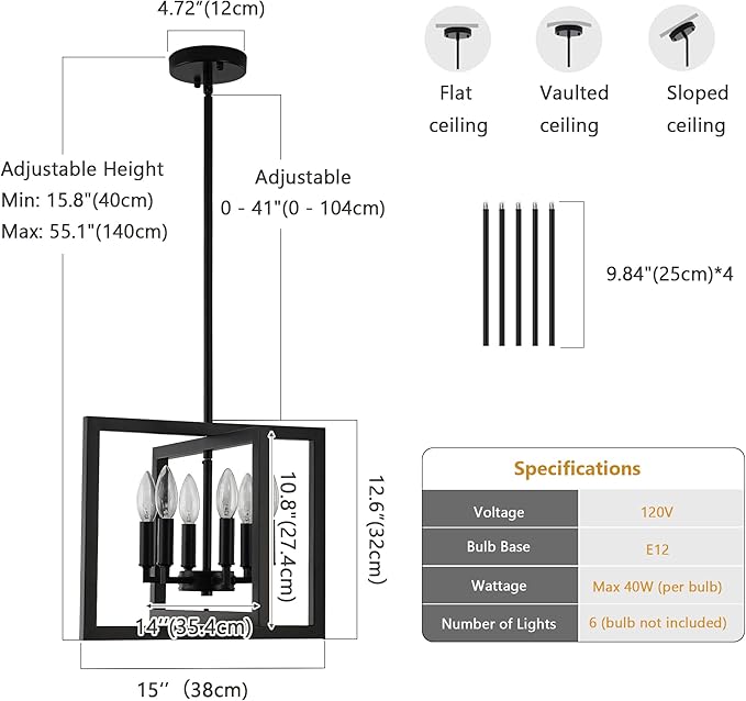 ANKYLHUA Small Black Chandelier,6-Lights Ceiling Light Fixture E12,Adjustable Hight Pendant Lights Kitchen Island,Chandeliers for Dining Room Bedroom,Entryway,Foyer-Ruum Studio Home