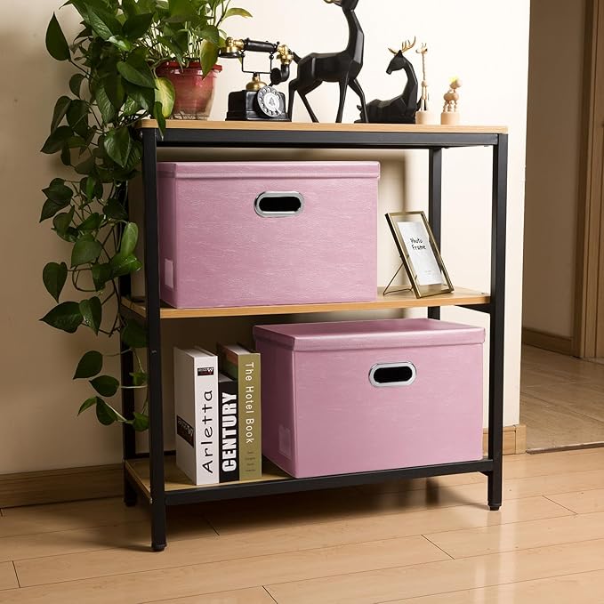PRANDOM Large Collapsible Storage Box with Lid [1-Pack] Leather Fabric Foldable Storage Bin Organizer Container Basket Cube with Cover for Home Bedroom Closet Office Nursery Pink (17.7x11.8x11.8)-Ruum Studio Home