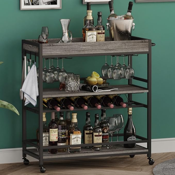 BON AUGURE Bar Cart, Home Bar Serving Cart on Wheels, Mobile 3 Tier Liquor Beverage Carts with Wine Rack and Glass Holder (Grey Oak)-Ruum Studio Home