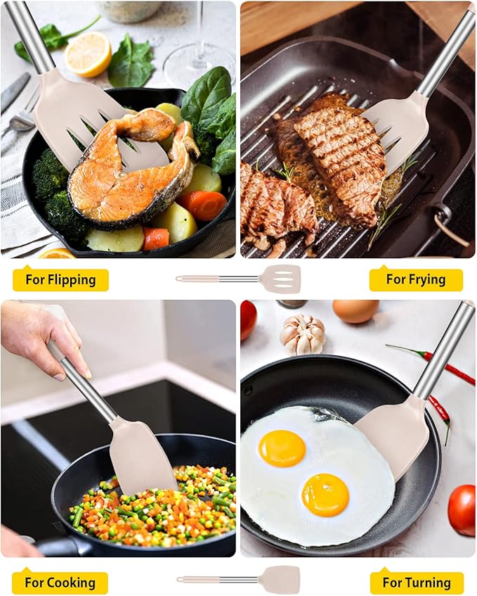 Pack of 2 Silicone Solid Turner, Non Stick Slotted Kitchen Spatulas, High Heat Resistant BPA Free Cooking Utensils, Ideal Cookware for Fish, Eggs, Pancakes(Stainless Steel Khaki)-Ruum Studio Home