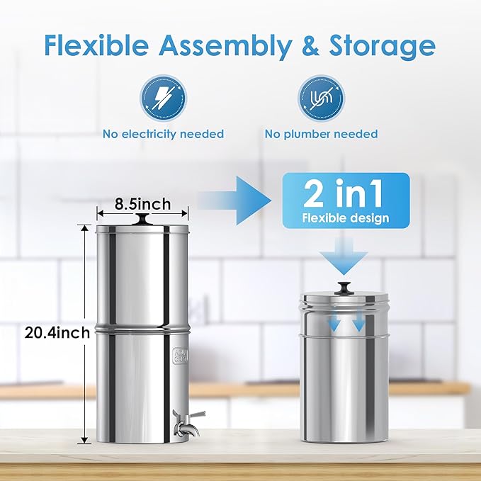 AQUA CREST Gravity Water Filter System, NSF/ANSI 42&372 Certified Black Carbon Filters, Reduce Lead and Up to 99% Chlorine, 2.25G, for Home, Camping, RVing, Off-Grid, Emergencies, AQ-TN-A-Ruum Studio Home
