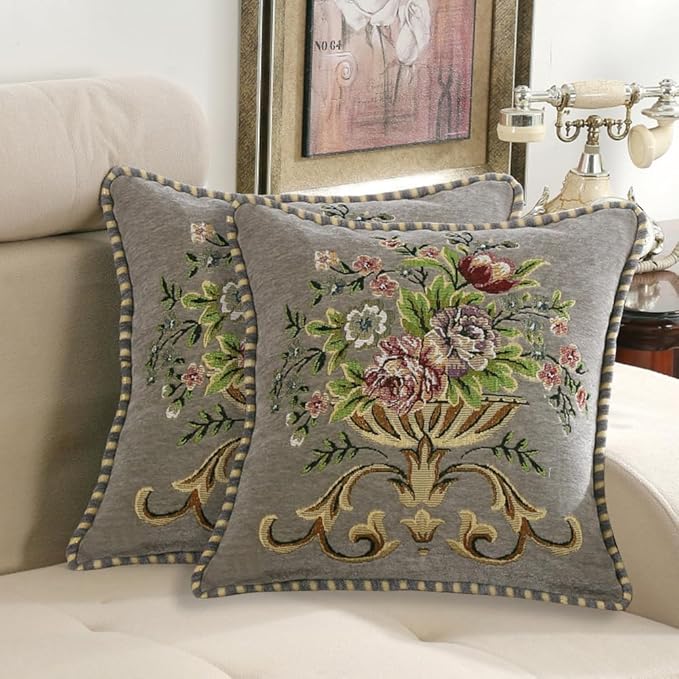 2 Pcs Grey Chenille Vintage Embroidered Throw Pillow Covers 18x18in,Grey Tassel Vintage Pattern Pillow Covers, Floral Embroidered Cushions Covers for Sofa Couch Bed Chairs Car-Ruum Studio Home