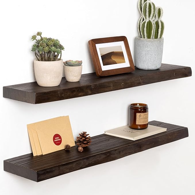 30" Floating Shelves, Live Edge Solid Elm Wood Floating Shelf, Wall Mounted Display Shelves with Heavy-Duty Bracket for Books, Rustic Wooden Shelf for Kitchen, Bathroom, Walnut Color, Set of 2-Ruum Studio Home