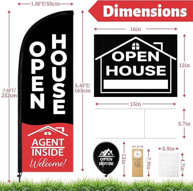 44 Pcs Open House Signs for Real Estate, Double Sided Open House Flag Kit, 7.6 x 5.4 Ft Black Banner Flag Poles Set for Outside, Directional Arrows Sign Stakes Balloons for Open House Supplies-Ruum Studio Home