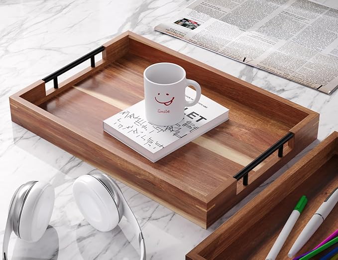 Acacia Wood Serving Tray with Metal Handles,17x12in Ottoman Decorative Trays Platter for Coffee Table,Living Room,Bar,Party(Large)-Ruum Studio Home