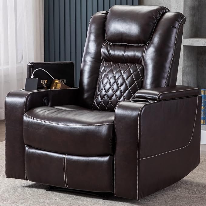 CANMOV Electric Power Recliner Chair with USB Ports and Cup Holders, Breathable Leather Home Theater Seating with Hidden Arm Storage (Brown)-Ruum Studio Home