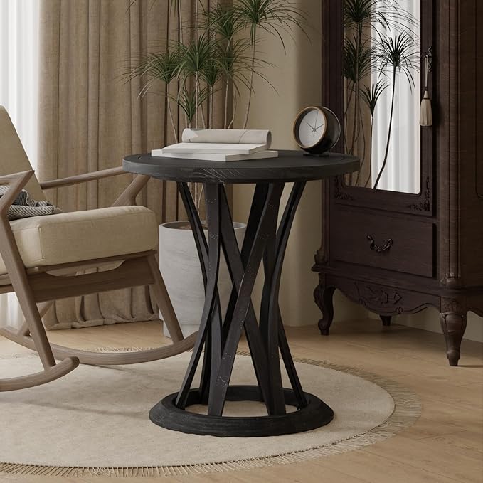 Round Farmhouse End Table with Crisscross Pedestal Base, Distressed Finish Side Table Rustic Accent Table for Living Room, Pine Wood, Black-Ruum Studio Home