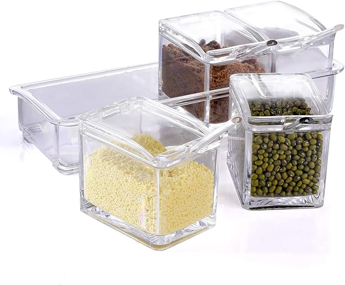 ME.FAN Clear Seasoning Rack Spice Pots - 4 Piece Acrylic Seasoning Box - Storage Container Condiment Jars - Cruet with Cover and Spoon-Ruum Studio Home