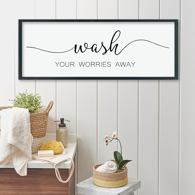 LuZhiQiang Wash Your Worries Away Sign Bathroom Wall Art Decor 40"×15" Large Wood Framed Laundry Room Funny And Artwork Wall Hanging (Black)-Ruum Studio Home