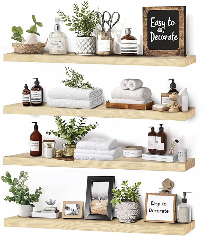 Floating Wall Shelves 4-Pack - Rustic Wood 16-inch Wooden Wall Shelves for Storage and Décor, Multi-Functional and Easy to Install for Living Room, Bedroom, and Kitchen-Ruum Studio Home