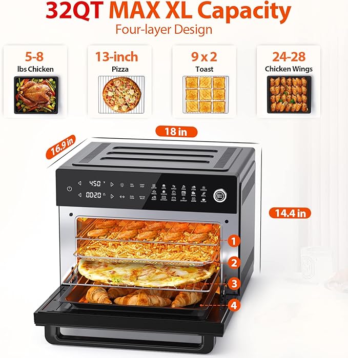 Aeitto® 32-Quart PRO Large Air Fryer Oven| Toaster Oven Combo | with Rotisserie, Dehydrator and Full Accessories | 19-In-1 Digital Airfryer | Fit 13" Pizza, 9pcs Toast, 1800w, Black-Ruum Studio Home