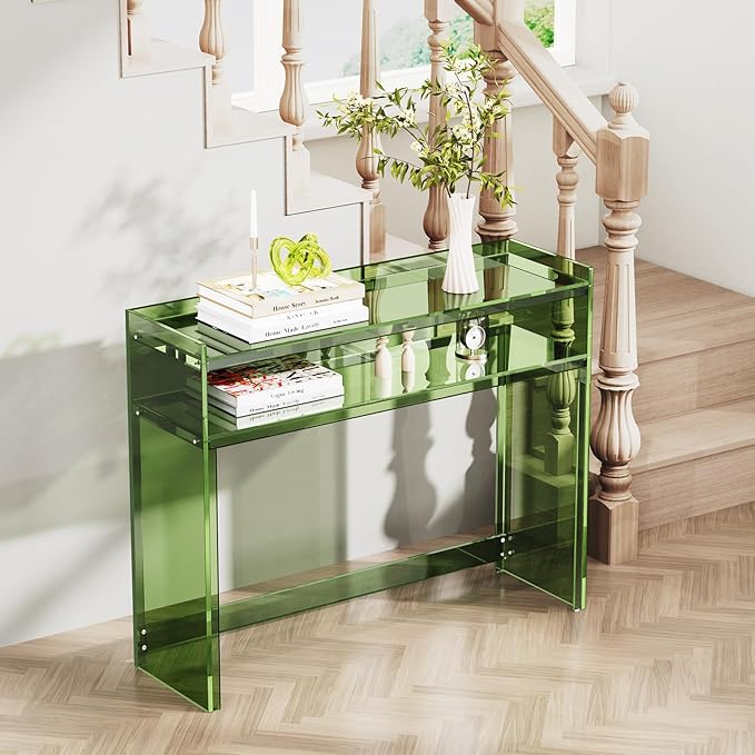 Acrylic Console Table, Entryway Table with Storage Shelves (Green)-Ruum Studio Home