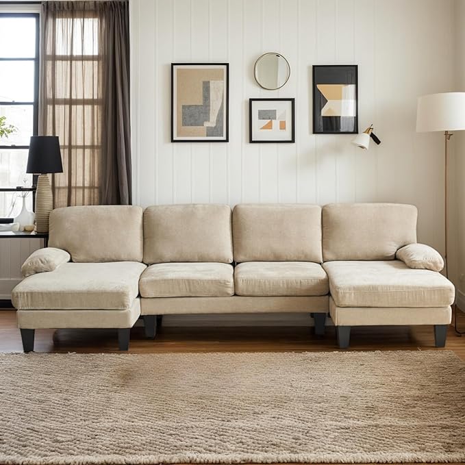 Karl home U-Shape Sectional Sofa Couch 111" Modern 4-Seat Sofa with Chaises Chenille Fabric Upholstered Covertible Couch with Wood Grain Legs for Living Room, Reception Room, Apartment, Khaki-Ruum Studio Home