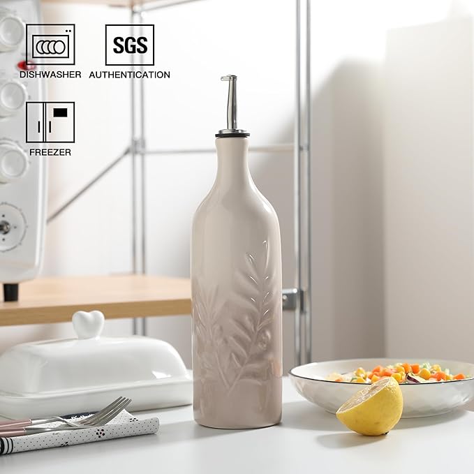 Sweejar Ceramic Olive Oil Dispenser Bottle, 24 Oz Relief Opaque Oil Cruet Protects To Reduce Oxidation, Suitable for Storage Soy Sauce, Coffee Syrup, Liquids, Set of 1 (Gradient FogGray)-Ruum Studio Home