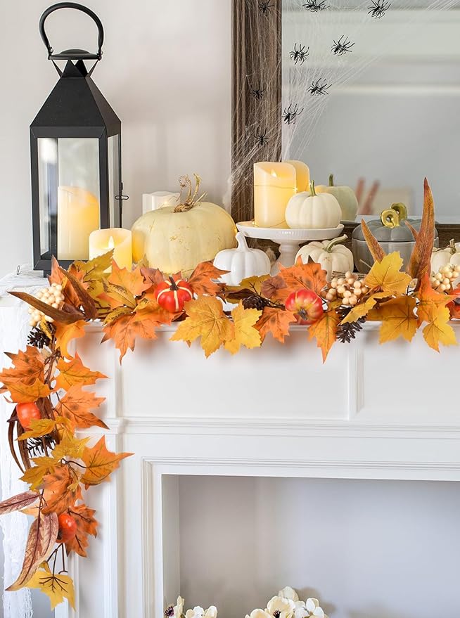 Lvydec Fall Maple Leaves Garland Decoration -6ft Artificial Fall Foliage Garland with White Pumpkins Pine Cone Autumn Decor for Halloween Thanksgiving Home Table Decor-Ruum Studio Home