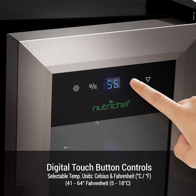 NutriChef PKCWC12 12 Bottle Cooler Refrigerator White and Red Countertop Chiller, Freestanding Compact Mini Wine Fridge with Digital Control, Stainless Steel-Ruum Studio Home