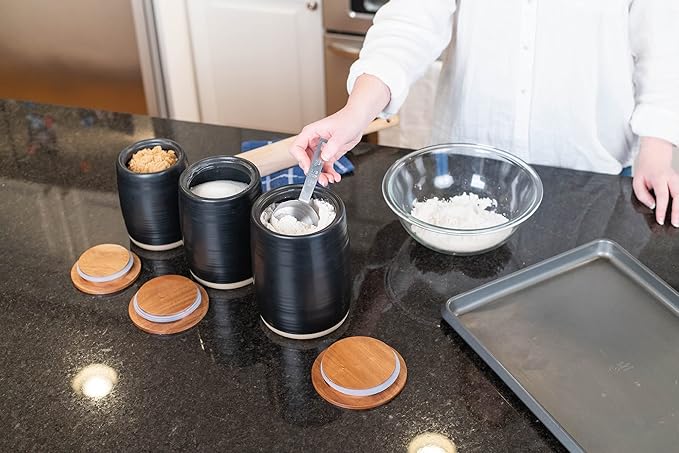 Nat & Jules Lidded Black 6 inch Ceramic and Wood Kitchen Canisters Set of 3-Ruum Studio Home