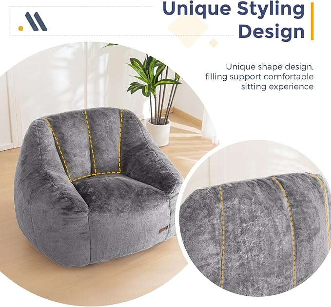 MAXYOYO Bean Bag Chair, Comfy Bean Bag Sofa with Back Support, Faux Fur Bean Bag Chair for Adults and Kids, Stuffed Floor Sofa for Living Room, Bedroom, Apartment, Grey-Ruum Studio Home