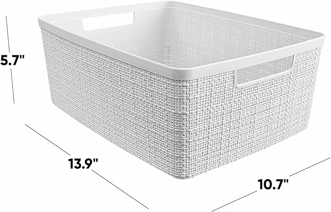 Curver Set of 6 Jute Medium Decorative Plastic Organization and Storage Baskets, Perfect Bins for Home Office, Closet Shelves, Kitchen Pantry and All Bedroom Essentials, White-Ruum Studio Home