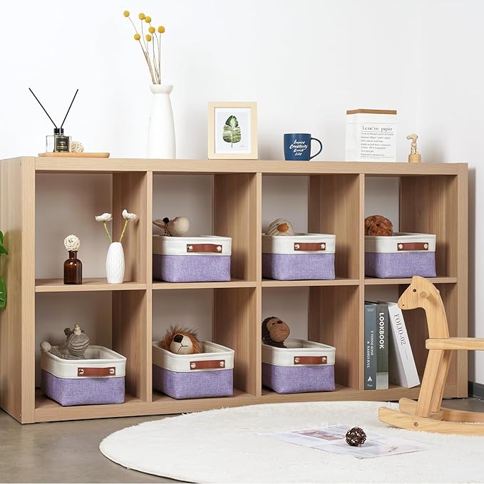DULLEMELO Small Storage Baskets 6 Pack, Fabric Collapsible Gift Storage Baskets for Shelves, Closets, Nursery, Home, Office Organizing,Small Canvas Linen Rectangular Storage Bins (White&Purple)-Ruum Studio Home
