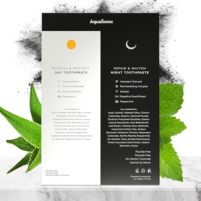 AquaSonic Complete Care Toothpaste - Refresh & Protect Day, Repair & Whiten Night - Fluoride Free Natural, Anti-cavity, Anti-plaque, Reharden, Strengthen, Whiten, Detoxify-Ruum Studio Home