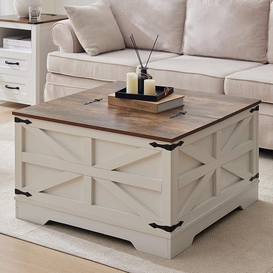 Coffee Table with Storage, Rustic White Square Coffee Tables for Living Room, Lift top Coffee Table with Large Hidden Compartment, Smart Cocktail Tables with Flip Top Lids for Home Office-Ruum Studio Home