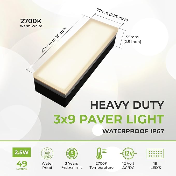 LUMENGY Paver Light 3×9 Inch (2.95 inch X 8.85 inch), Warm White Glare-Free Illumination for Driveways, Pathways, Pool Deck & Patios,12V AC/DC, Waterproof & Drive-Over Rated-Ruum Studio Home