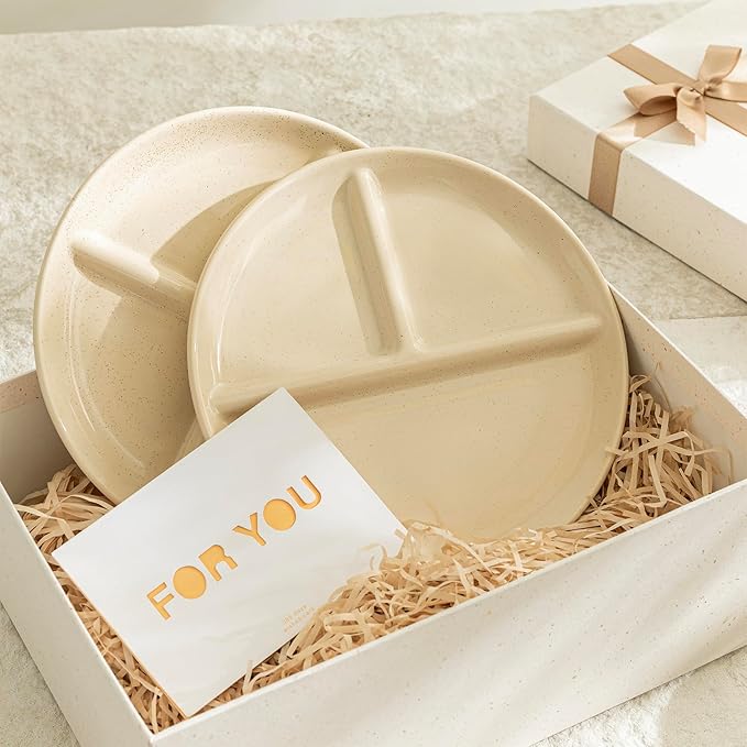 Sweese Set of 2 Porcelain Divided Dinner Plates, Beige High-Grade Durable Professional, 9 Inches, 2.0 Count-Ruum Studio Home