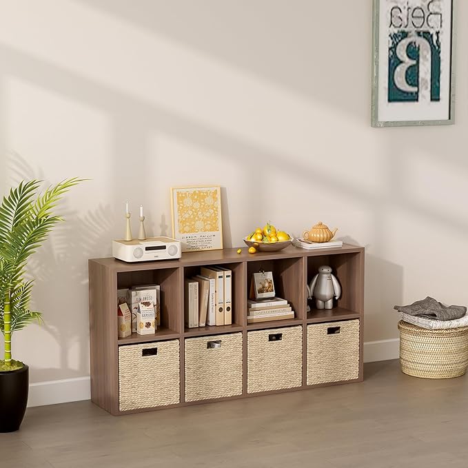 8-Cube Storage Shelf Bookcase - Wooden 4-Tier Floor Standing Open Bookshelf for Home and Office, Cuby Orgainzer, Walnut-Ruum Studio Home