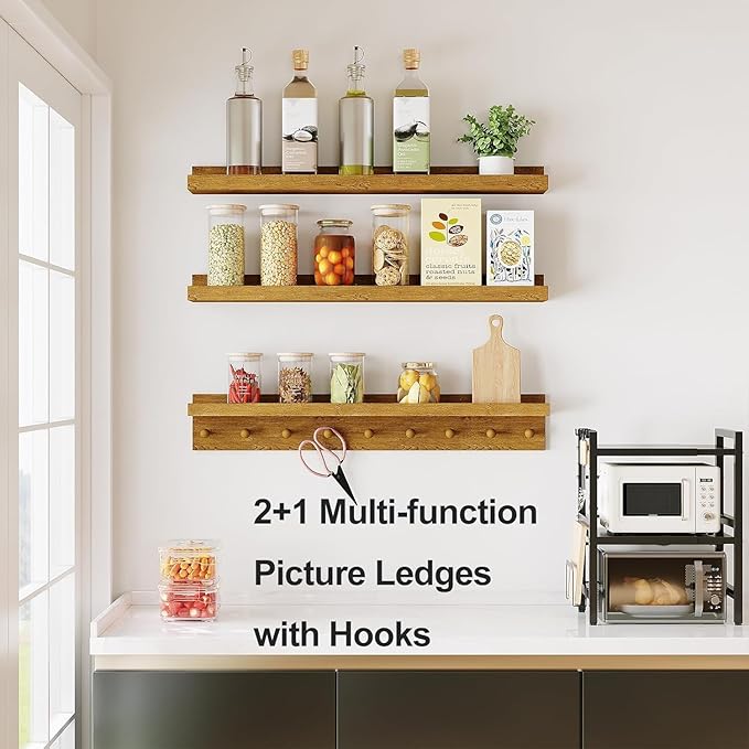 MBYD Floating Shelves 36 Inch, Nursery Book Shelves for Kids Room, Hanging Bookshelf with Hooks Set of 3, Light Walnut Wood Picture Ldge Shelving, Kitchen Wall Shelf Spice Rack for Bedroom Bathroom-Ruum Studio Home