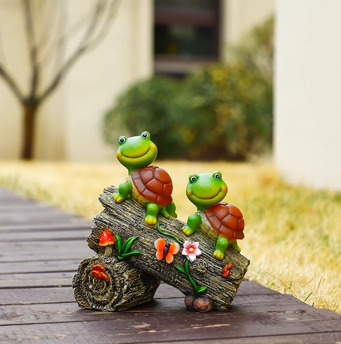 Garden Turtle Figurines Outdoor Decorations, Solar Powered Sweet Frog Face Turtles Resin Statue with 4 LED Lights, Garden Art Spring Fall Winter Christmas Decor for Patio Lawn Yard-Ruum Studio Home