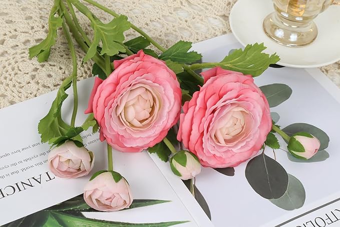 IPOPU 4PCS Real Touch Hot Pink Ranunculus Artificial Flowers Faux Ranunculus Flowers for Vase Real Look Silk Peonies Fake Peony Flowers for Home Indoor Wedding Centerpieces for Table Decor (Rose Red)-Ruum Studio Home