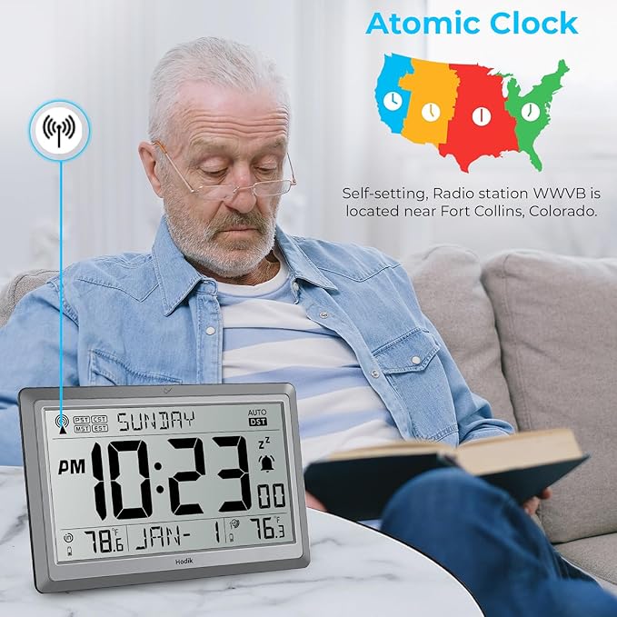 Wall Clock Atomic with Indoor Outdoor Temperature Battery Powered, Easy Reading with 10.5 Inch Large LCD Display, 330FT Range Table Wall Clock With DST, 12/24 Hour for Living Room Kitchen (Silver)-Ruum Studio Home