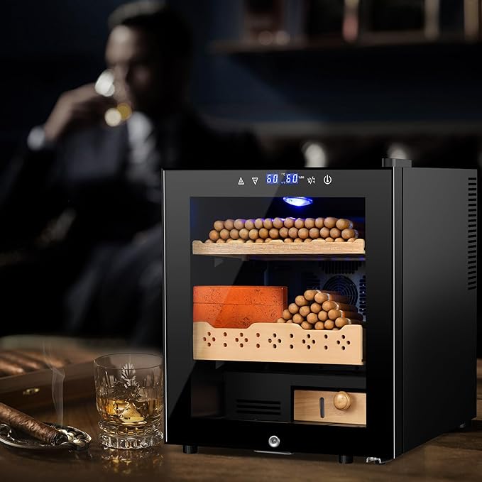 Electric Humidor for Cigars, 50L 300 Counts Large Capacity Thermostatic Desktop Humidor Cabinet with Digital LED Screen, Safety Lock,Smart Humidity & Temp Control, Gifts for Men-Ruum Studio Home