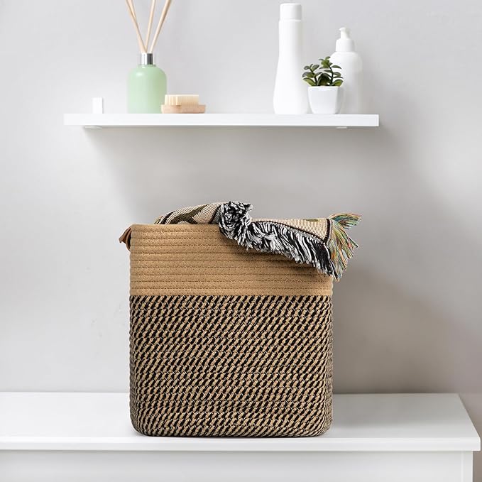 danpinera 3-Pack Cotton Rope Baskets for Storage, 11"x11" Cube Storage Cubes Store Toys, Towel, Snack, Storage Bins with Reinforced Stitching & Practical Handles, Black & Brown-Ruum Studio Home