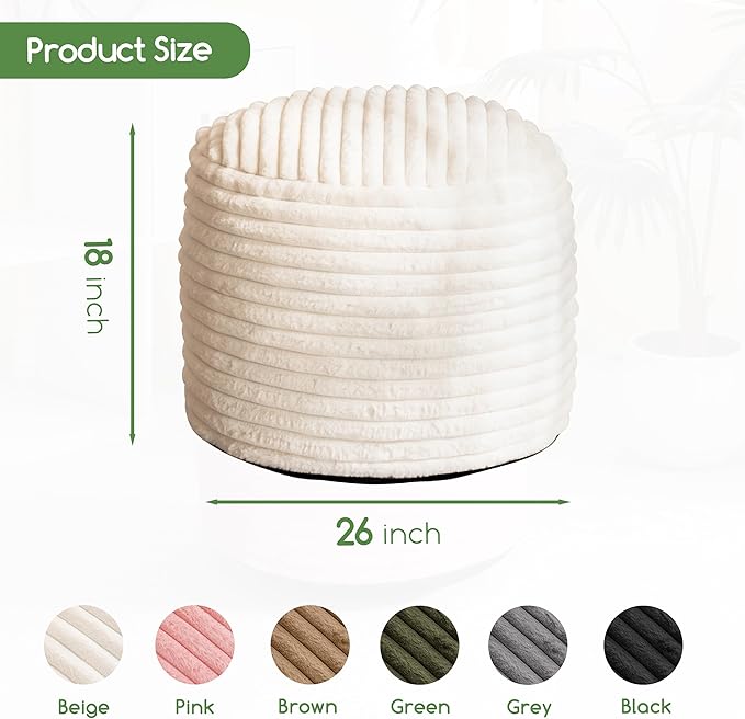 HIGOGOGO Round Stuffed Pouf Ottoman, Stripe Faux Fur Poufs with Foam Chunk Filling, Furry and Fluffy Pouf Foot Stool Storage Ottoman, 26 X 18 Floor Poufs Foot Rest for Living Room, Beige-Ruum Studio Home
