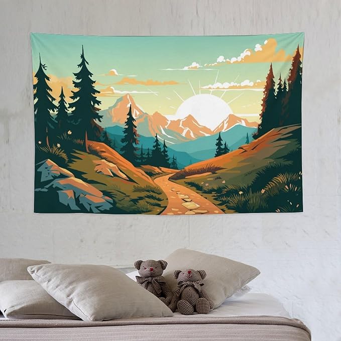 HZOHNAGO Mountain Tapestry Forest Mountain Sunrise Road Pattern Printed Wall Tapestry Wall Hanging for Bedroom Living Room Dorm 60" W x 40" H-Ruum Studio Home