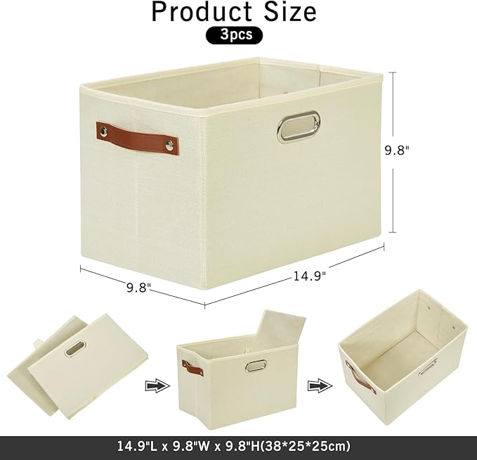 Large 3-Pack Foldable Fabric Storage Bins with Durable PU & Metal Handles , Collapsible Storage Baskets for Shelves, Home Storage, Closet Organizers, Living Room(14.9"x9.8"x9.8", Beige)-Ruum Studio Home