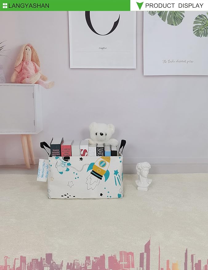 LANGYASHAN Rectangular Storage Bin Collapse Canvas Fabric Cartoon Storage Basket with Handles for Organizing Home Kitchen Boys and Girls Toys Office Closet Shelf Baskets (Rec space astronaut)-Ruum Studio Home