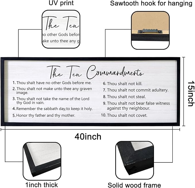 The Ten Commandments Rustic Bible Verse Framed Wall Art, 40''×15'' Positive Religious Christian Saying Sign for God Jesus Christ Prayer, Vintage Horizontal Holy Inspirational Catholic Scripture Decor-Ruum Studio Home