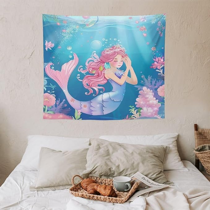 HZOHNAGO Mermaid Girls Tapestry Watercolor Flowers Mermaid Princess Blessing Pattern for Kids Room Decoration Printed Wall Tapestry Wall Hanging for Bedroom Living Room Dorm 60" W x 50" H-Ruum Studio Home