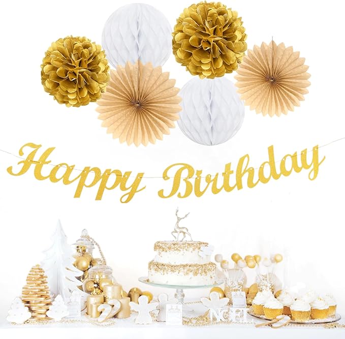 White-Gold Champagne Birthday Party-Decorations Paper-Flowers - 14pcs Happy Banner Engagement Honeycomb Tissue Pom Poms,Women Streamers Garland Beige Fans,21st 18th Girl Hanging Supplies Decor Hugfond-Ruum Studio Home