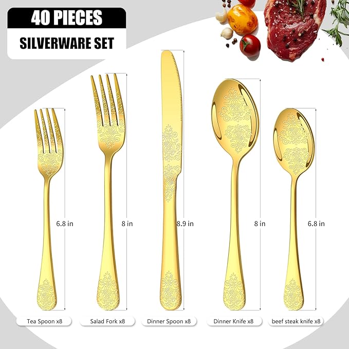 40 Pcs Gold Silverware Set for 8 with Classical Flower Embossed Design, Food Grade Stainless Steel Flatware Set, Eating Utensils Sets Include Fork/Knife/Spoon, Cutlery Set, Dishwasher Safe-Ruum Studio Home