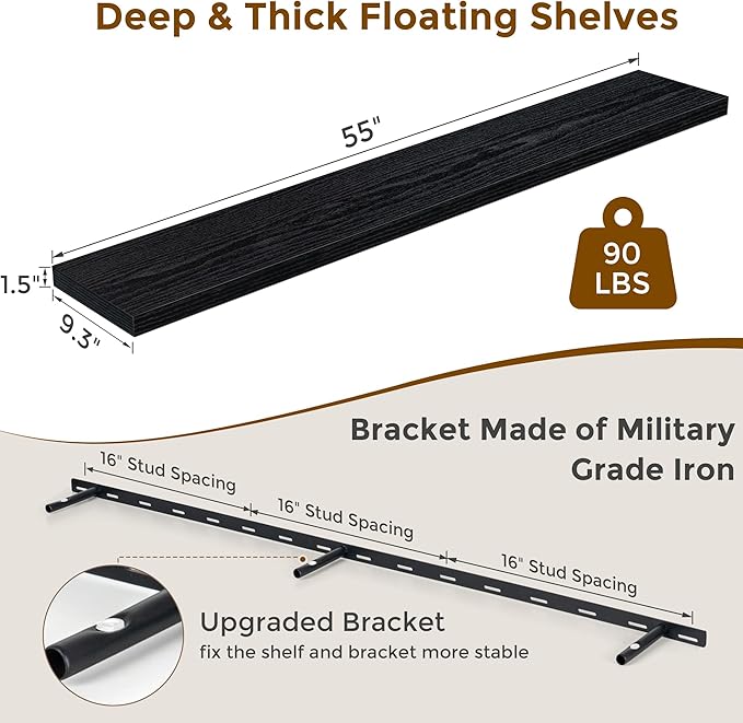 55 Inch Floating Shelves Black, Rustic Wood Floating Shelf Wall Mounted, 9 Inch Deep Floating Shelf for Kitchen, Bedroom, 55 x 9 Wall Shelves for Home Storage, Set of 1-Ruum Studio Home