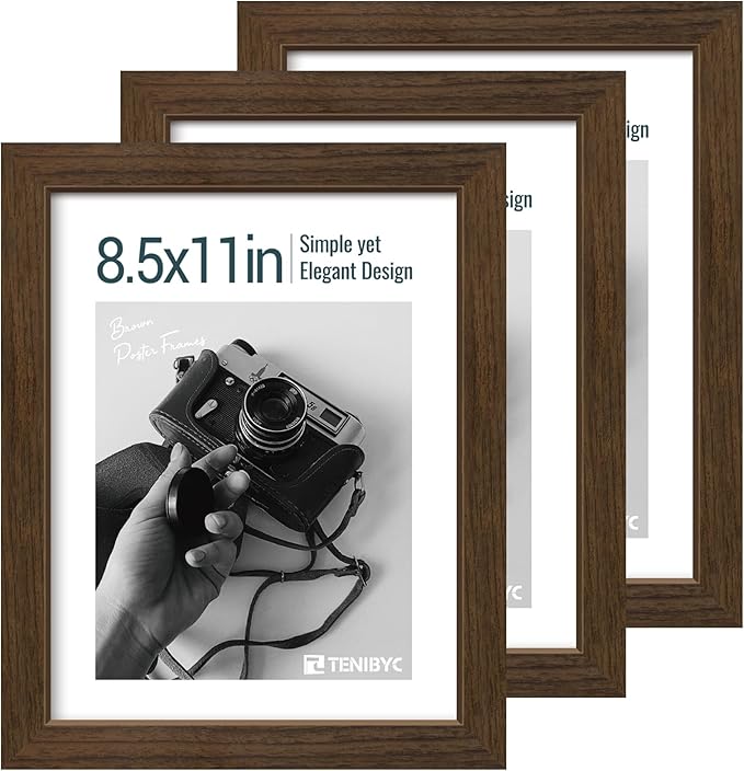 8.5x11 Picture Frame Set of 3 - Brown Woodgrain, Wood Photo Frame, HD Tempered Glass, Table Display or Wall Hanging-Ruum Studio Home