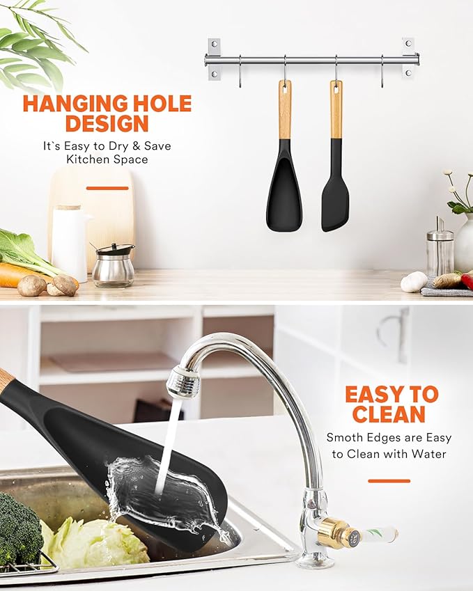 Cooking Spoon and Scraper for Nonstick Cookwares, Great for Cooking and Serving Durable BPA-Free Matte Silicone, Wood Handle Multifunction Spoon for Mixing, Scoop, and Scrape (BLACK)-Ruum Studio Home
