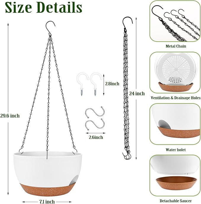 Hanging Planters for Outdoor Indoor Plants, 2 Pack 12 Inch Hanging Basket Plants Outdoor, Self Watering Hanging Planter with Plant Hanger for Garden Home Decoration (White)-Ruum Studio Home